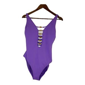 Bleu Rod Beattie ‘Paradise Found’ one-piece swimsuit in amethyst, size 10